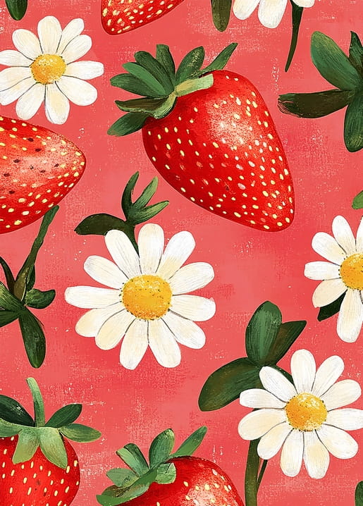 Muster aus roten Erdbeeren und weißen Gänseblümchen auf korallenrotem Grund