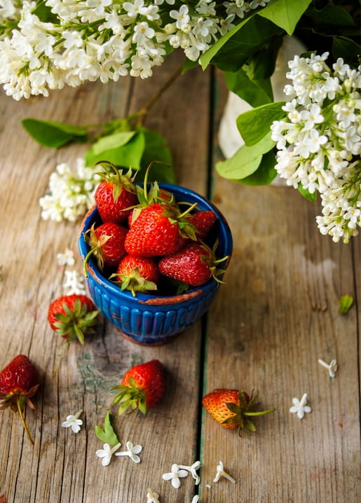 Ripe strawberries in a blue bowl beneath blooming white lilac on a wooden table