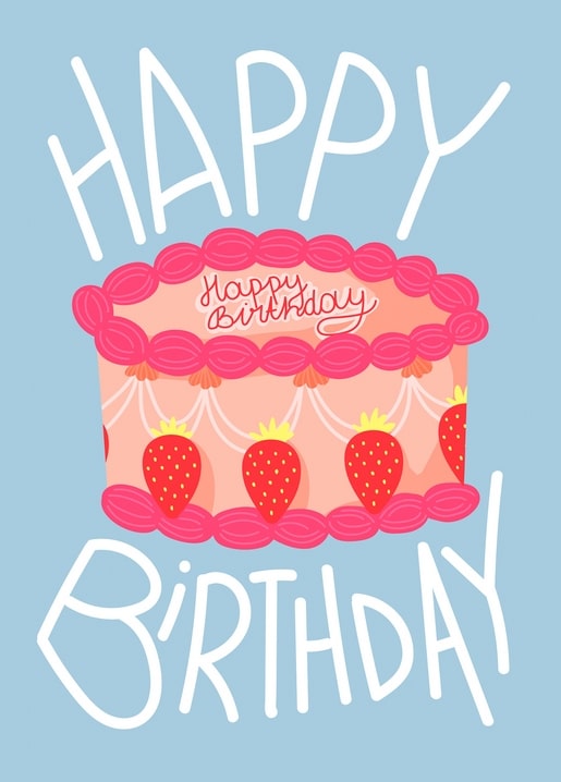 Ілюстрація рожевого торта з полуницями та написом Happy Birthday на блакитному тлі