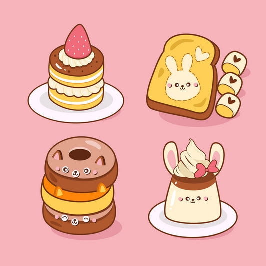 Four kawaii dessert illustrations: strawberry cake, bunny toast, cat donut stack, and bunny pudding on pink background