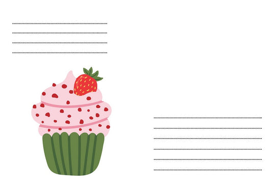 Briefumschlag mit flach illustriertem rosa Erdbeer-Cupcake und grüner Papierform