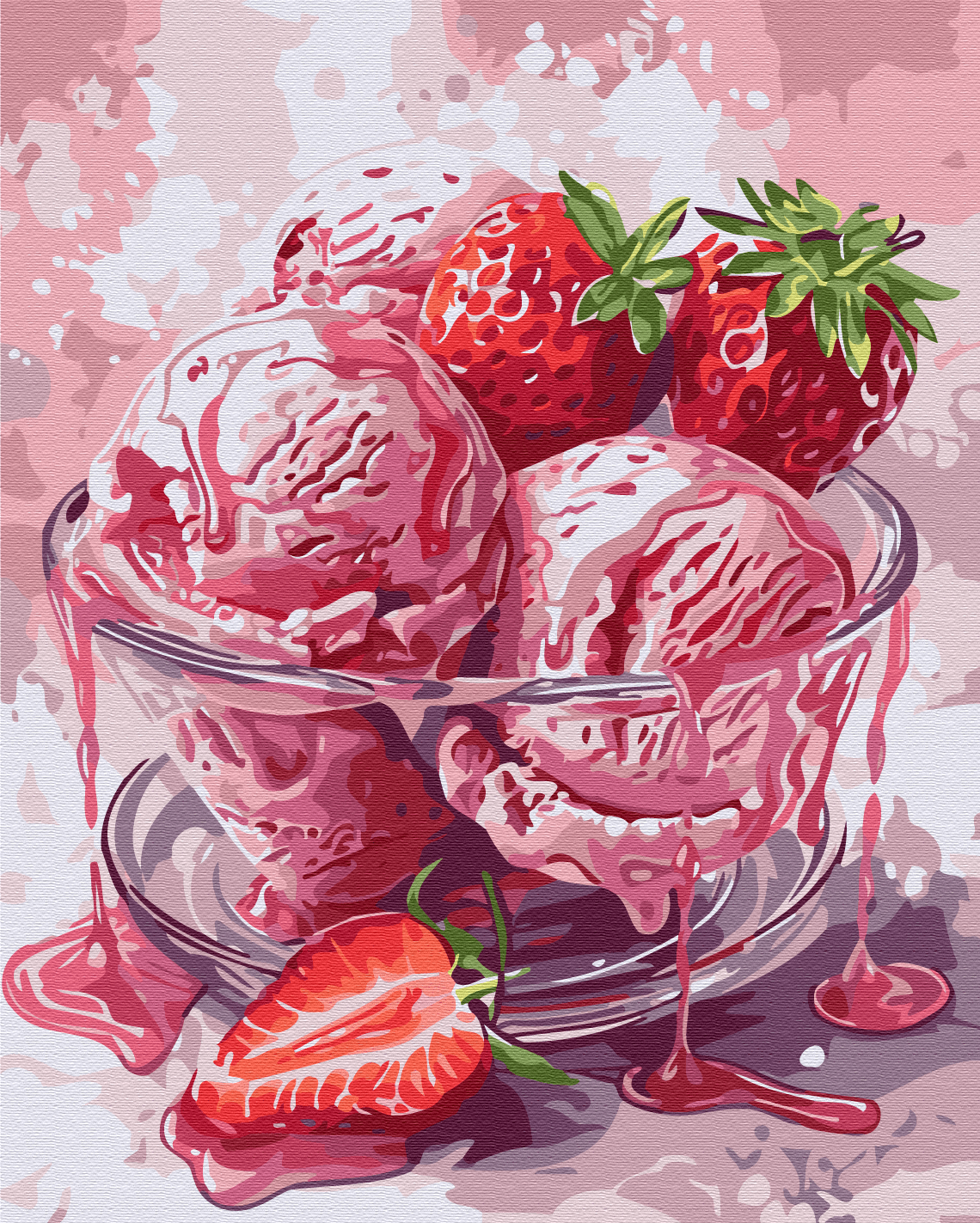 Glasschale mit Erdbeereis, frischen Erdbeeren und tropfendem rosa Sirup
