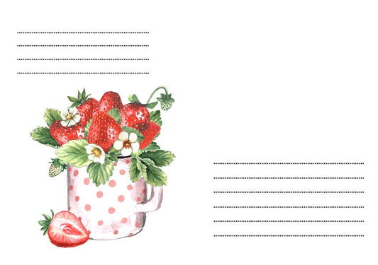Illustrierter Umschlag mit Erdbeeren und weißen Blüten in gepunkteter Tasse, gepunktete Adresslinien