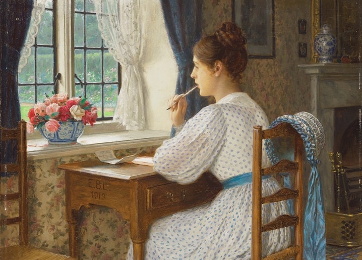 Картина Едмунда Блера Лейтона «Розсіяні думки» — дівчина замислилась над листом, 1913