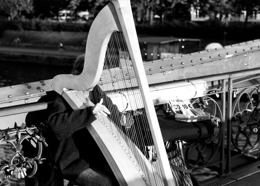A harpist plays beside a padlock-covered bridge railing in this black-and-white street-performance postcard.