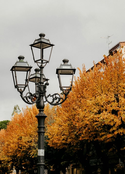 Schmiedeeiserne Straßenlaterne vor goldenem Herbstlaub