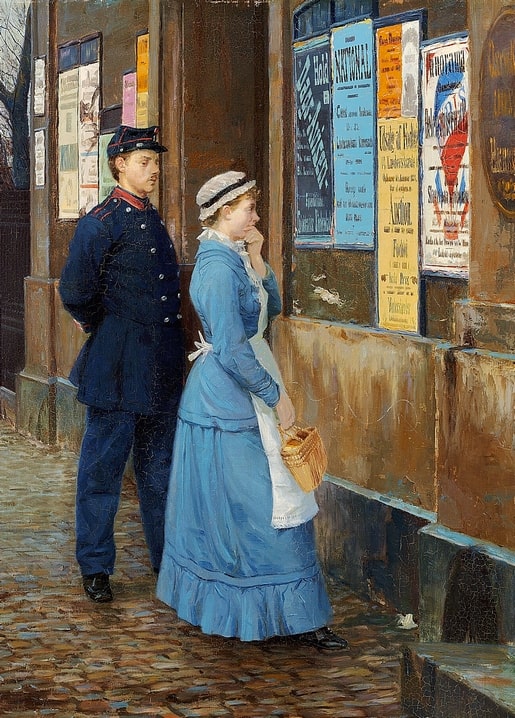 Painting of a woman with a basket reading street notices while a uniformed man watches nearby