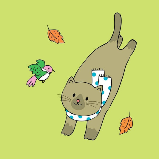 Illustrated postcard of a stretching cat in a polka-dot sock watching a bird among falling autumn leaves