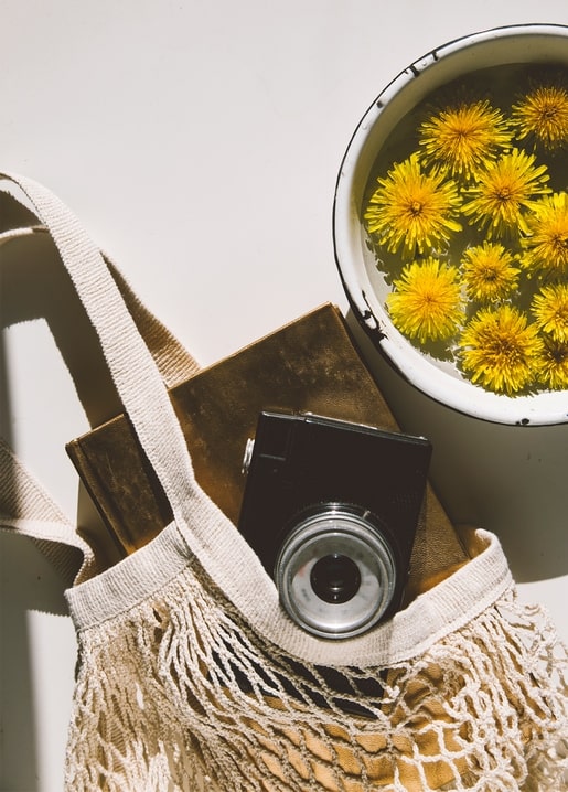 String bag with vintage camera and journal beside a bowl of dandelions in water