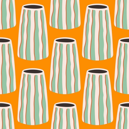 Seamless pattern of striped mint, cream and rust ceramic vases on orange