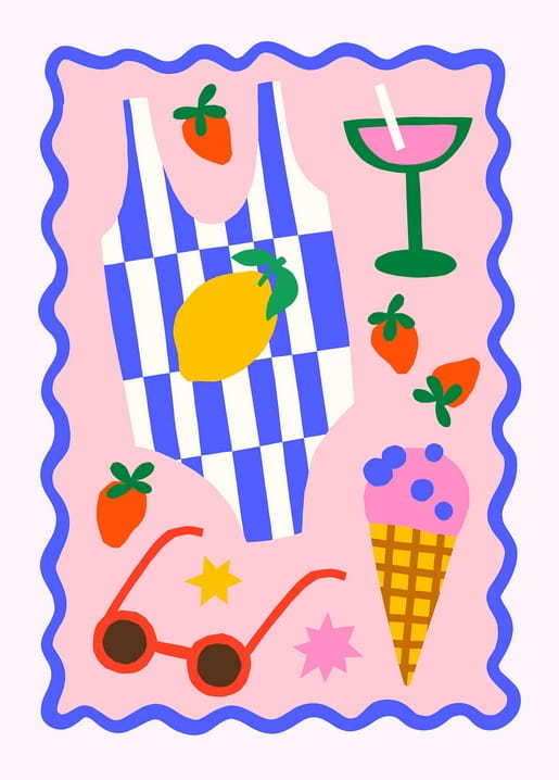 Flat-Illustration mit gestreiftem Badeanzug, Zitrone, Erdbeeren, Cocktail und Eistüte auf Rosa