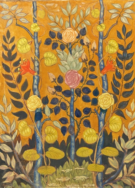 Stilisierter Rosengarten in Gold- und Orangetönen mit dunklem Laub, Gemälde von Émile Bernard.