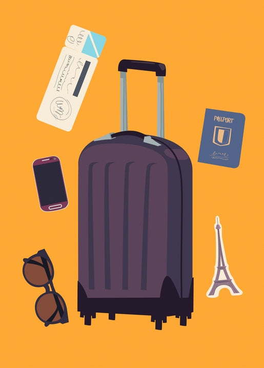 Flat-Lay-Illustration mit Koffer, Reisepass, Handy, Sonnenbrille und Eiffelturm-Souvenir