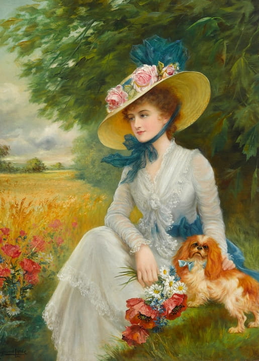 Painting of a young woman in a rose-trimmed straw hat with a King Charles spaniel beside a wheat field, by Raymond Lynde.