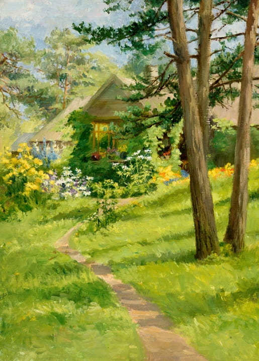 Oil painting of a pine-shaded path leading to a flower-filled cottage garden by Lilly Walther