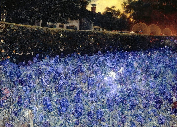 Blue delphiniums in front of a dusk farmhouse and haystacks, painting by Jacobus van Looy