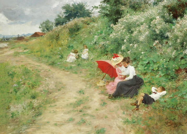 Woman with a red parasol and playing children among summer wildflowers, painting by Hermann Seeger
