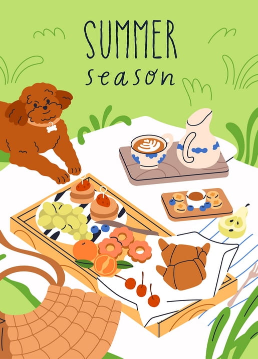 Illustriertes Sommerpicknick mit lockigem Hund, Käseplatte, Croissant und Kaffee auf dem Rasen