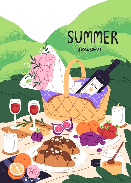 Illustrated summer picnic with wine, croissants, figs, and pink flowers