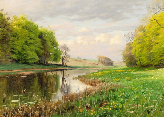 Calm river landscape with yellow wildflowers and reflected trees