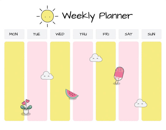 Close-up of the summer weekly planner with cloud and potted-flower doodles