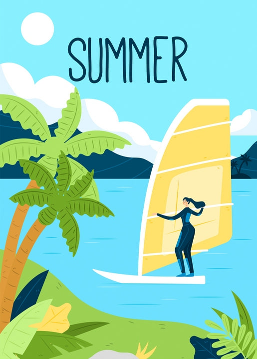 Frau windsurft mit gelbem Segel an einer Palme vorbei, Postkarte „Sommer“