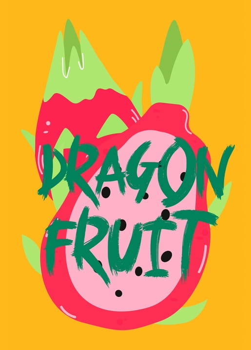 Postcard with bright dragon fruit illustration on yellow background