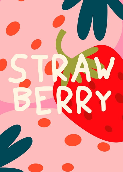Postcard with strawberry illustration and pink abstract summer pattern