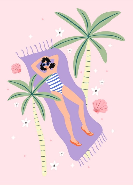 Illustrierte Postkarte: Frau sonnt sich auf einem Strandtuch zwischen Palmen mit Muscheln und Blüten
