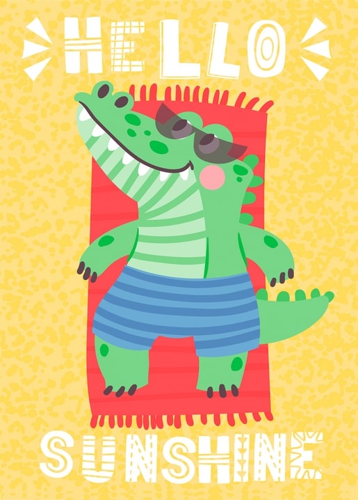 Cartoon crocodile in sunglasses sunbathing on a red towel with a Hello Sunshine caption