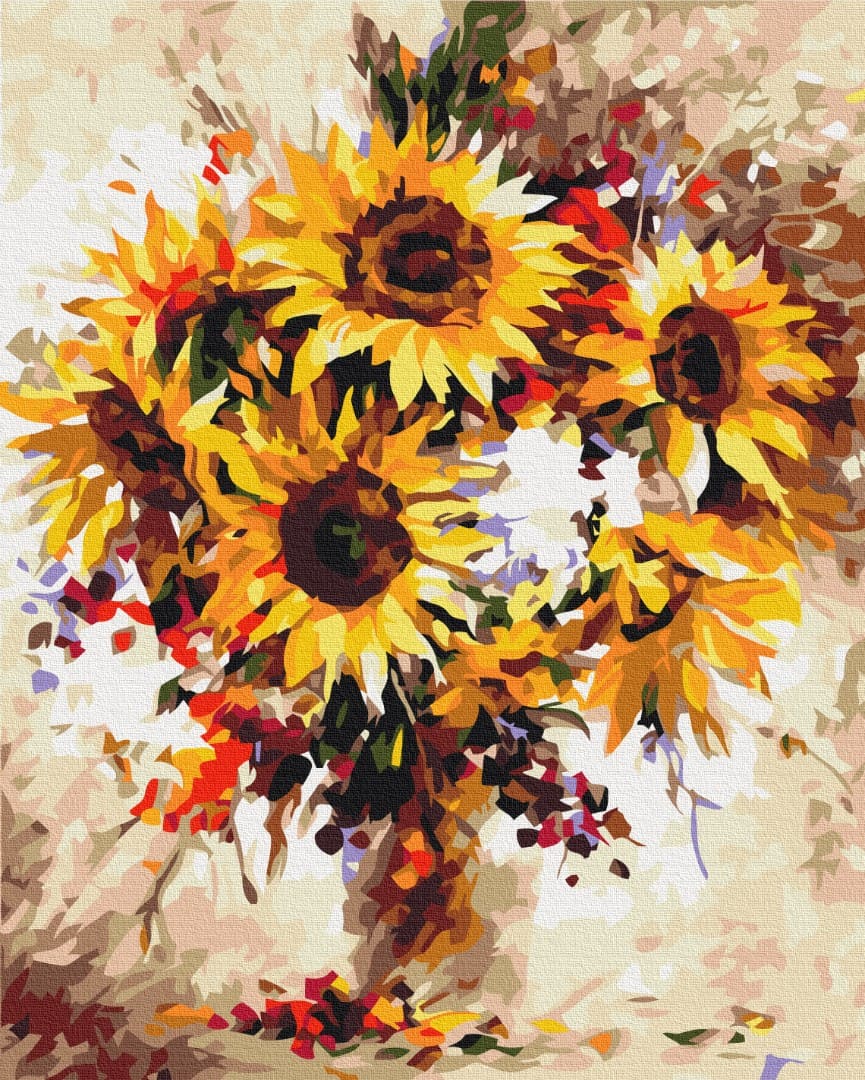 Bouquet of golden sunflowers with dark centers in a glass vase, painting by numbers style