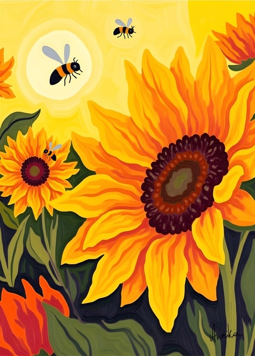 Illustration of sunflowers with bumblebees flying between the petals, signed AnniKa