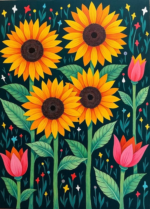 Illustrierte Sonnenblumen und rosa Tulpen auf petrolgrünem Hintergrund
