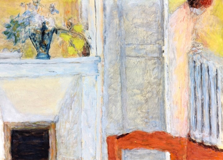 Pierre Bonnard postcard: sunlit interior with flowers on the mantel and a woman by a radiator
