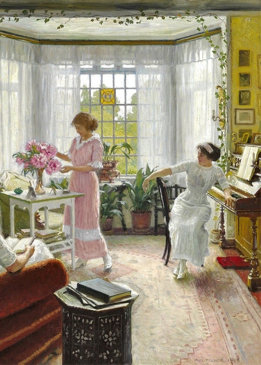 Painting of two women in a sunlit parlor with flowers and a piano