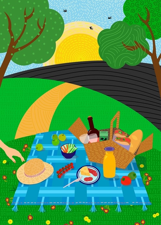 Illustrated picnic basket, wine, and fruit on a checkered blanket at sunset in a meadow