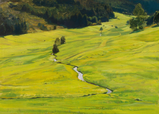 Sunlit green valley landscape with a winding brook and forest hillside, oil painting by Gustav Kampmann