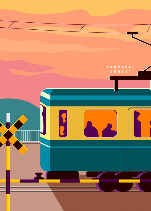 Illustration einer türkisfarbenen Straßenbahn am Bahnübergang vor rosa-orangefarbenem Sonnenuntergang