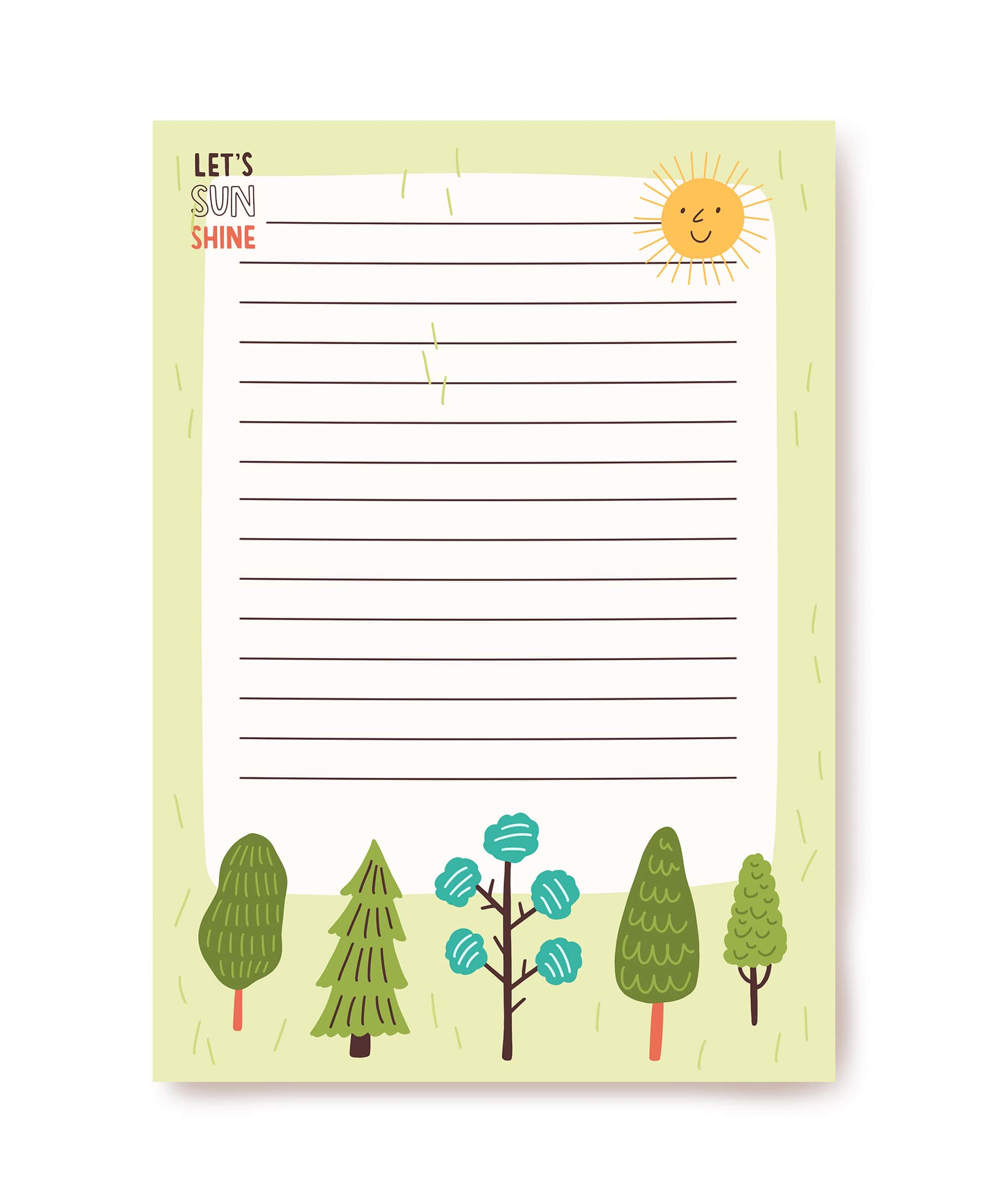 Lined letter paper with a smiling sun and a row of five trees at the bottom