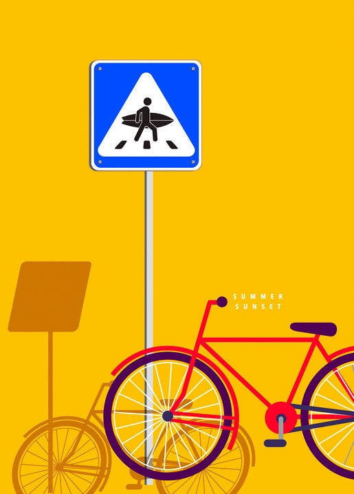 Illustration eines Fußgängerschilds mit Surfer-Symbol und rotem Fahrrad auf gelbem Hintergrund