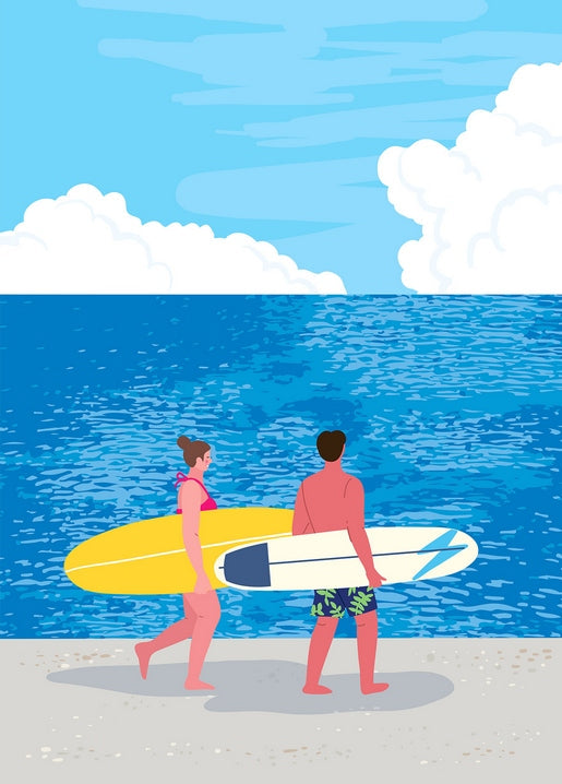Illustrated couple walking a sandy beach carrying yellow and white surfboards