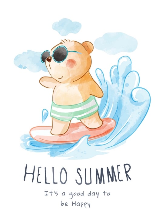Watercolor bear cub in sunglasses surfing a wave on a 'Hello Summer' postcard