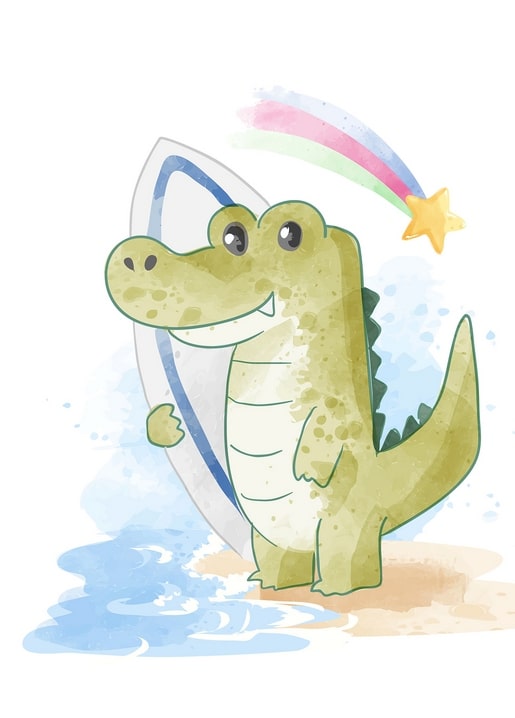 Watercolor crocodile with a surfboard on the beach as a rainbow shooting star streaks by