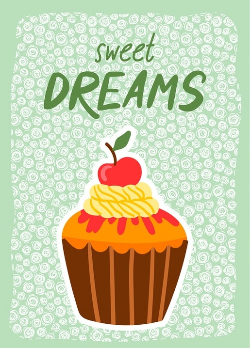 Cupcake mit Kirsche und Schriftzug 'Sweet Dreams' vor Röschen-Muster