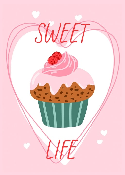 Cupcake mit Himbeere im Herzumriss, Schriftzug 'Sweet Life'
