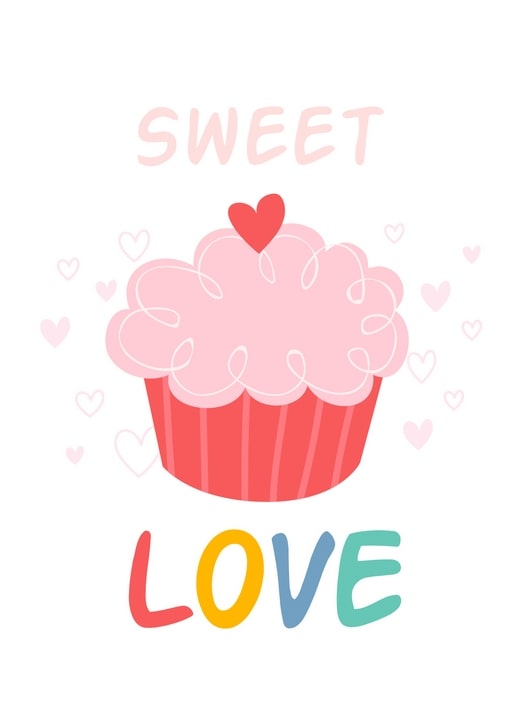 Illustrated pink cupcake with a heart on top, surrounded by hearts and the words ‘Sweet Love’