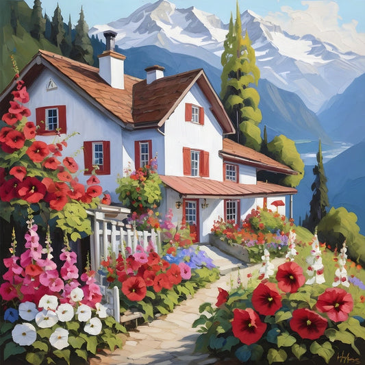 White Swiss chalet with red shutters, hollyhocks, and snow-capped mountains