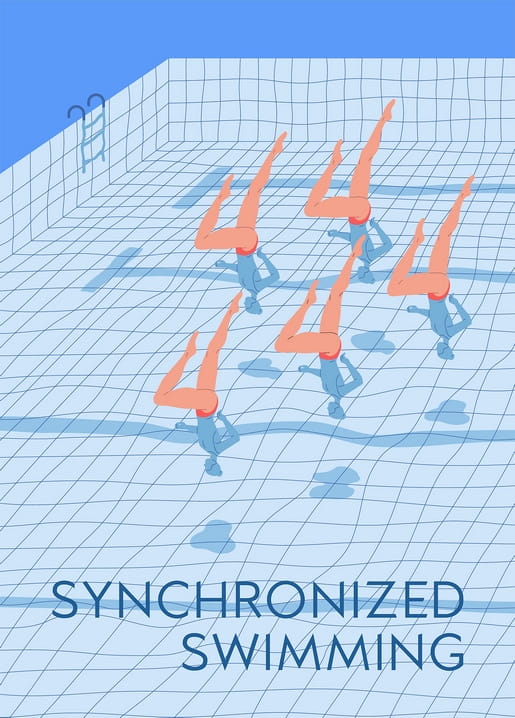 Illustration von Synchronschwimmerinnen aus der Vogelperspektive im dreieckigen Muster im Pool