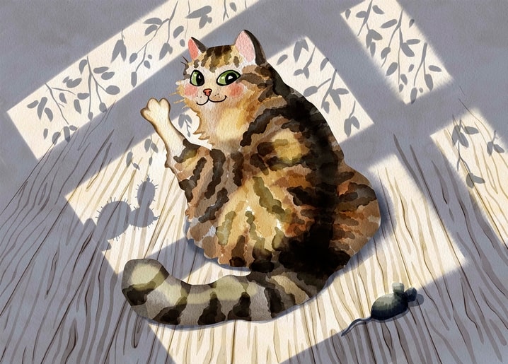 Watercolor tabby cat sitting in sunlight with leaf-shadow patterns and a toy mouse on the floor