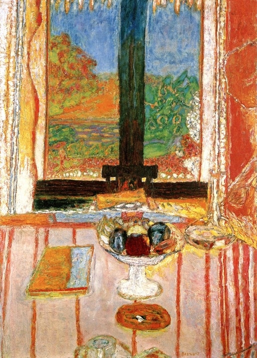 Bonnard still life of an open window onto an autumn garden, with fruit compote and an open book